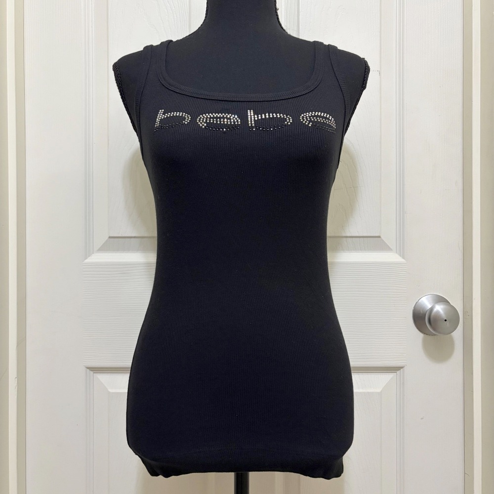 NEW Bebe Ribbed Tank Top Black Rhinestone Logo Y2K McBling XS S M USA Made 2000s
